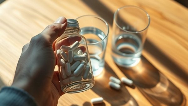 Hand holds zinc capsules with a glass of water on table, health focus.