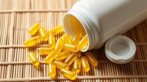 Yellow berberine capsules on bamboo surface for weight loss.