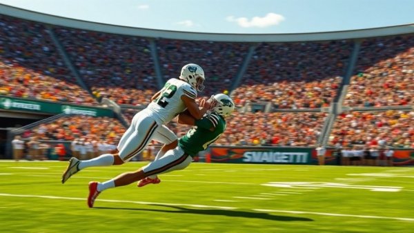 Denver local news covers intense football match, player tackling QB.