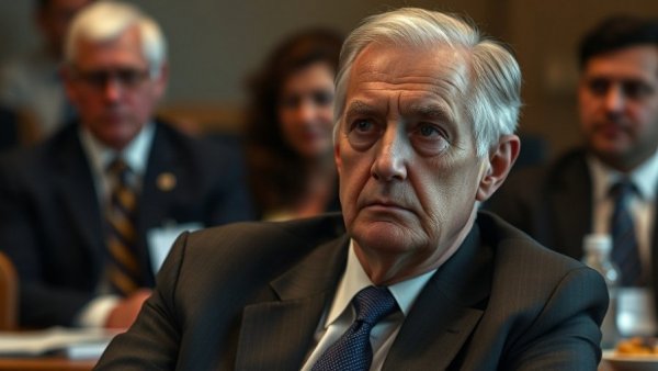 Concerned older man in a suit at a meeting, muted colors.