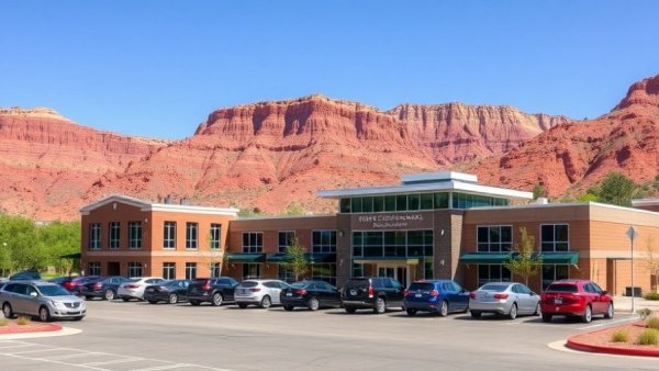 Colorado community college building with parking and red rocks