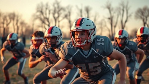Limon High School football team practicing for championship at dusk.