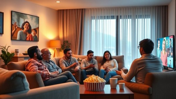 Family watching TV together in a cozy living room, best streaming service for families