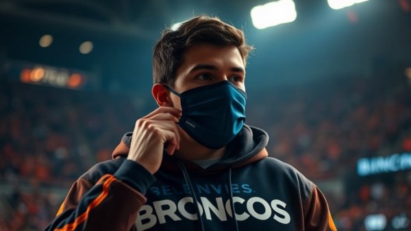 Denver Broncos fan adjusting mask in stadium; denver local news.