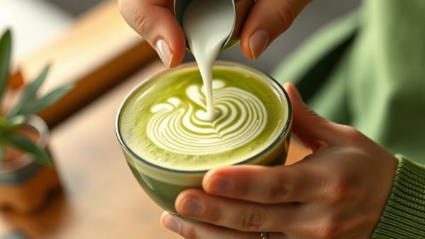 Pouring milk into matcha latte creates latte art, relieve stress with adaptogens.
