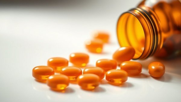 Vitamin C tablets spilling from a brown bottle, reflecting on a white surface.