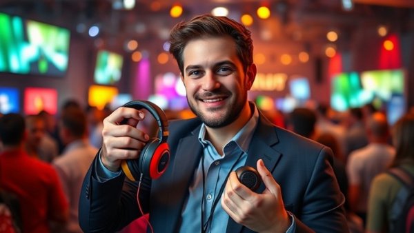 Professional at Denver event, showcasing headphones, business in Denver.