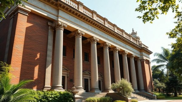 Classical brick building surrounded by lush greenery in Denver.