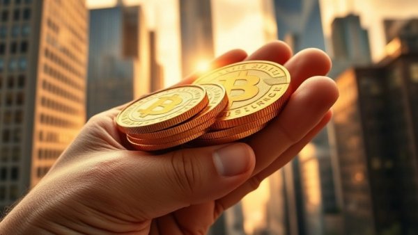 Hand with coins in a sunlight financial district, savings and CD rates focus.