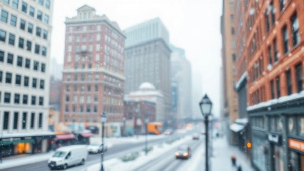 Denver news: Blurred snowy cityscape with falling snowflakes.