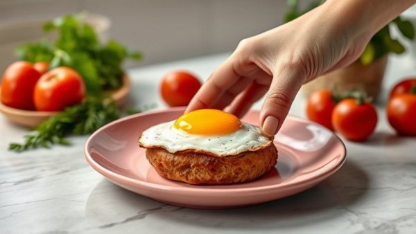 Hand plating fried egg in sunny kitchen for protein needs for adults 50+.
