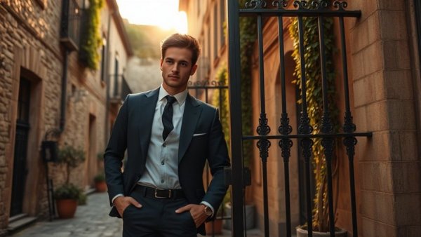 Elegant man leaning on vintage gate in sunlit courtyard.