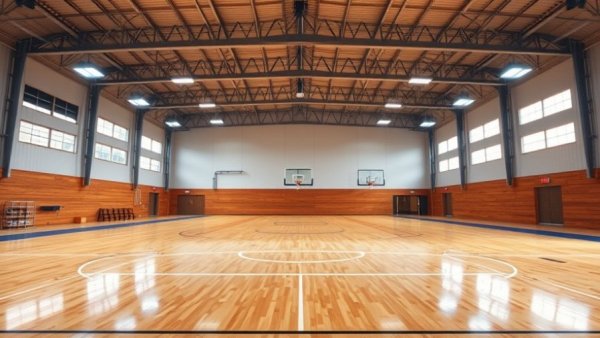 Spacious empty YMCA gym with wooden floor and basketball hoop, bright lighting.