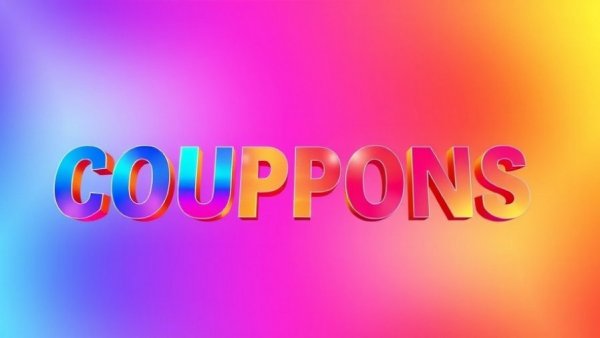 Colorful coupon promo text on vibrant gradient background.