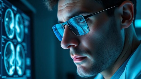 Medical professional examining MRI scans with reflections, related to breast cancer in women under 40.