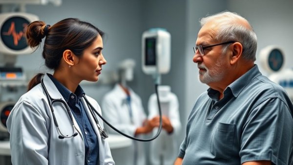 Female doctor diagnosing male patient with stethoscope in clinical setting.