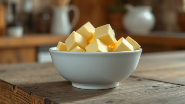 Bowl of butter cubes on rustic wood for healthiest butter alternatives for cooking and baking.