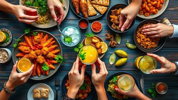Vibrant dining table scene in Denver with various dishes.