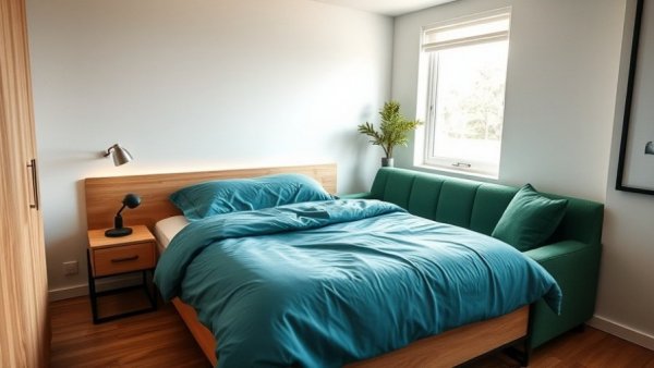 Cozy modern bedroom setup with bed and sofa in Denver.