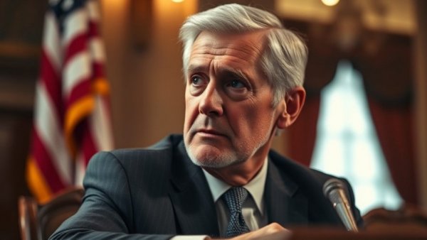 Senior man with US flag backdrop, serious in peace talks.