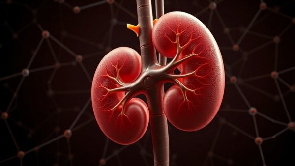 Illustration of kidney and adrenal gland, highlighting cellular detail.