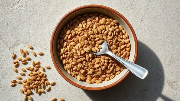 Bowl of flaxseeds with spoon on a textured surface.