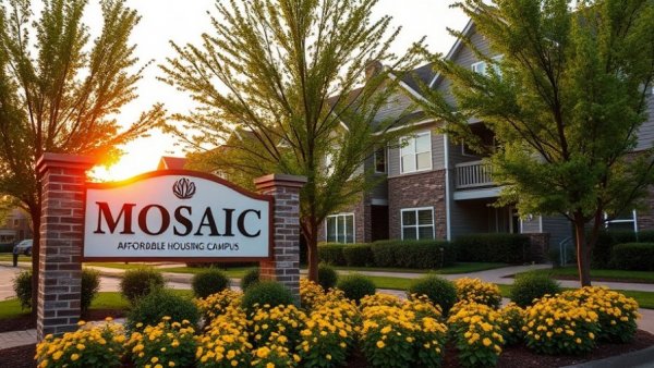 Affordable housing area, Mosaic Community Campus with flowers in Denver.