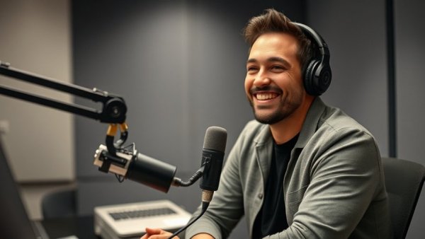 Person in radio studio discussing Denver news, smiling at microphone.
