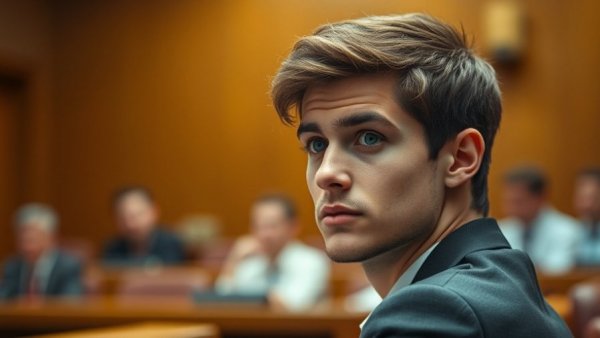 Legal discussion scene with young man, courtroom setting in focus.