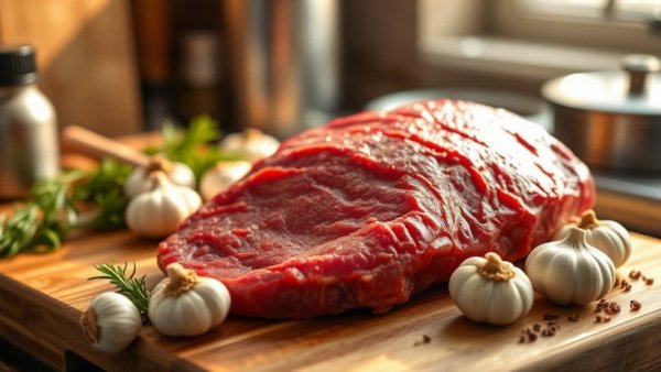 Fresh red meat on a cutting board with garlic and spices in a sunlit kitchen setting.