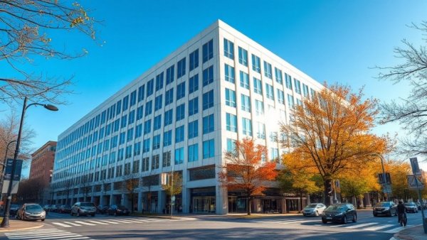 Denver Post building on busy street corner under blue sky.