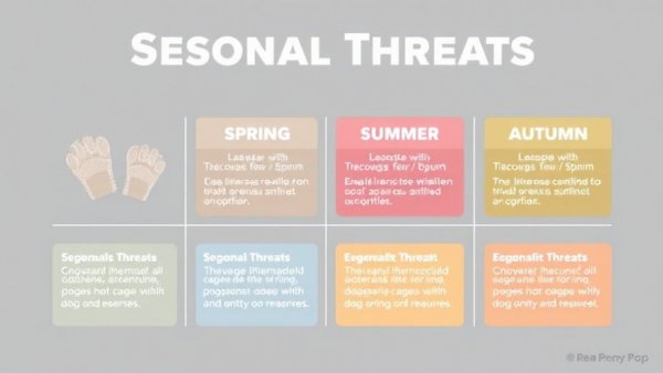 Chart on seasonal threats to dog's paws in winter, spring, summer, and autumn.