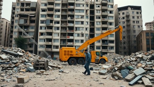 Rubble-strewn area with people near construction and damaged building.