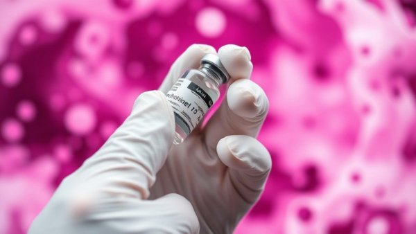 Close-up of syringe drawing measles vaccine against pink microscopic backdrop.