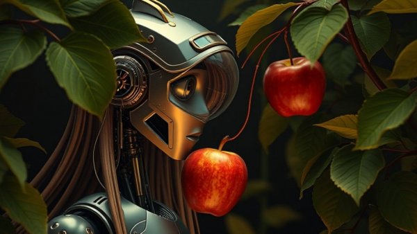 AI Model Understanding the Physical World depicted by a robot pondering an apple.