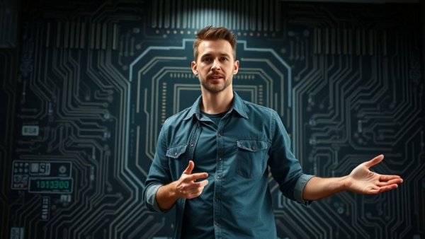 Executive presenting in front of a tech-themed backdrop, Apple leadership changes