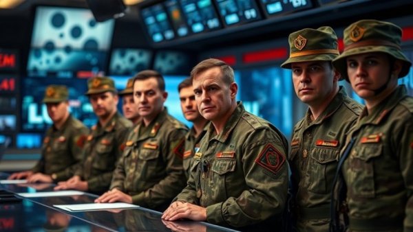 Military personnel at news desk during coup in Benin, serious expression.
