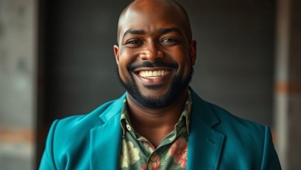 Man smiling warmly in floral shirt and teal blazer, symbolizing repairing relationships after addiction.