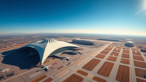 Wide-angle view of Denver International Airport's iconic tent-like roof under a blue sky, Denver news.