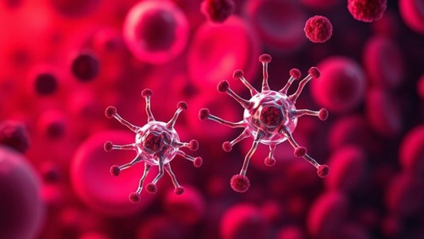 Microscopic view of molecules and blood cells for follicular lymphoma treatment.