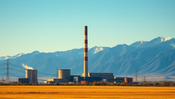 Coal power plant with mountains in background, sunny day.