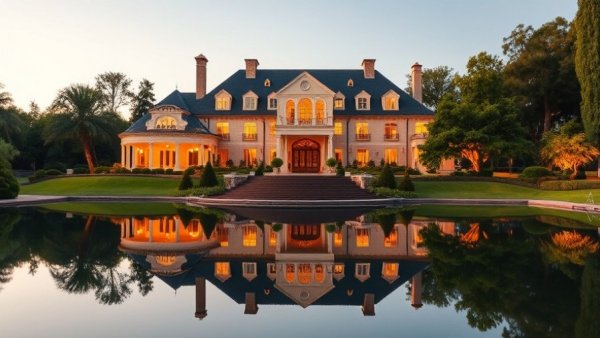 Luxurious mansion at dusk with reflections, showcasing luxury home construction.