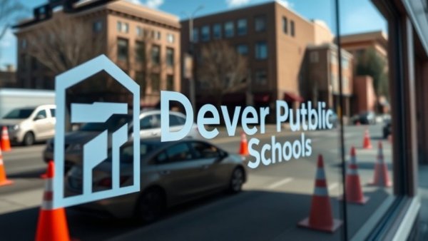 Denver Public Schools logo on window with street reflection, Denver business news.