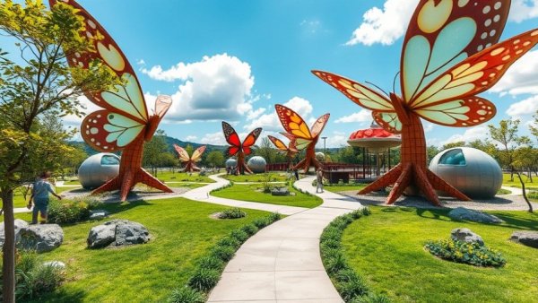 Colorful futuristic playground with butterfly structures and nature elements.