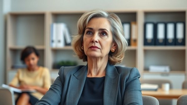 Mature woman at meeting in office, focused expression, photorealistic.