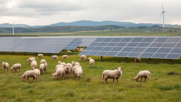 Sheep grazing among solar panels in rural Colorado