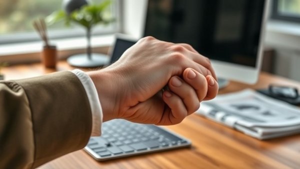 Wrist pain close-up in office setting; Carpal Tunnel Symptoms and Heart Condition ATTR-CM