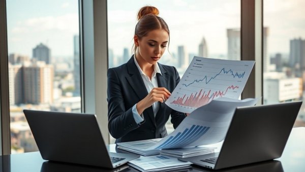 Businesswoman reviewing graphs of current mortgage rates in an office.