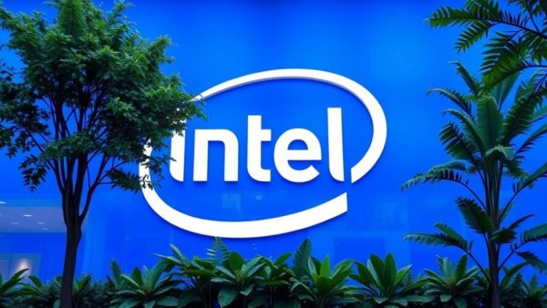Intel logo on blue display amidst greenery, hinting at Intel acquisition of SambaNova.