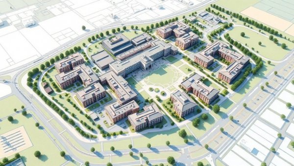 Aerial map of campus with development plan, highlighting new structures.